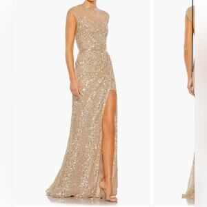 Mac Duggal Illusion Neck Sequin Gown blush pink silver beaded formal dress
